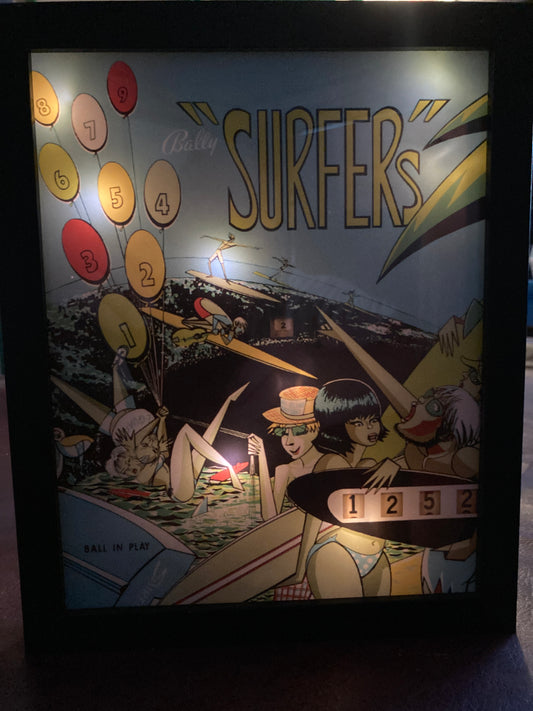 Retro Glow Pinball Art | 8"x 10" Illuminated Framed Print - "SURFERS" - 1967